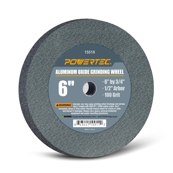 Powertec Aluminum Oxide Grinding Wheel, 6 in. x 3/4 in., 1/2 in. Arbor, 100 Grit 15519 - main